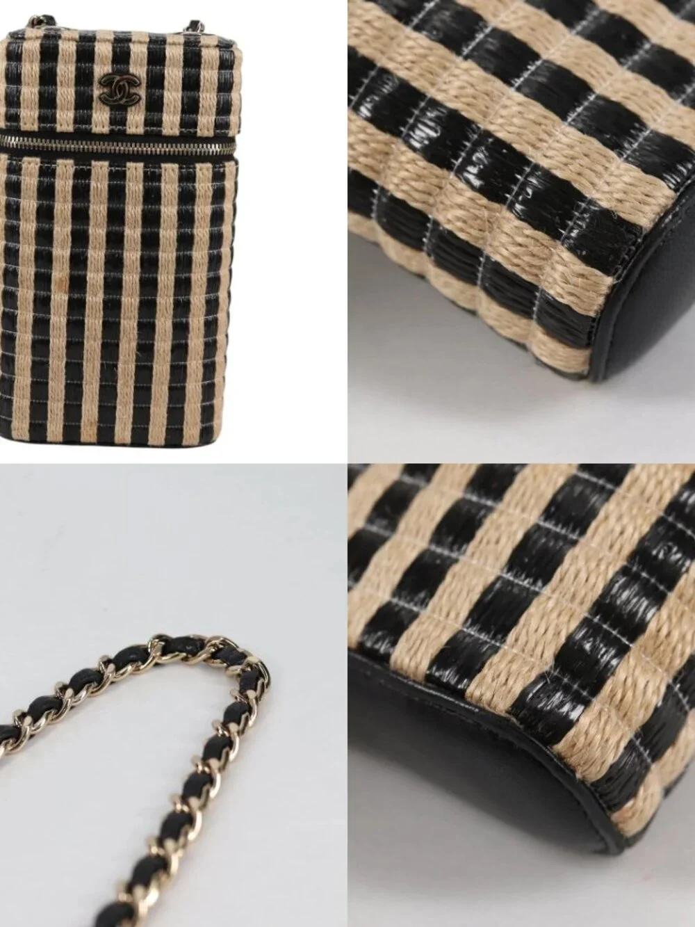 CHANEL Chain Phone Case Raffia Beige Gold CC Auth 140901SAM